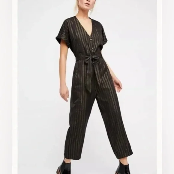 Free People Black Lurex Gold Pinstripe Jumpsuit - Picture 15 of 15